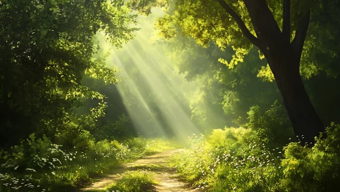 Sunlit forest path with volumetric rays and dense green foliage