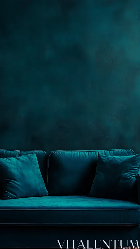 Teal velvet sofa in moody monochrome interior scene.
