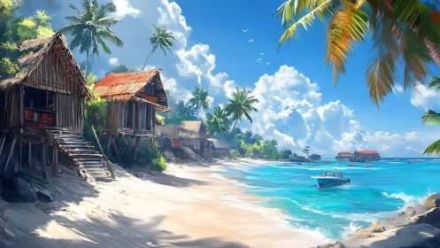 Tropical Coastal Village with Thatched Dwellings and Turquoise Waters.