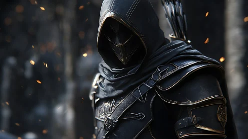Hooded archer assassin in ember‑lit tactical leather armor.