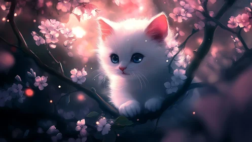 White Kitten in Blooming Cherry Blossoms at Twilight Hour