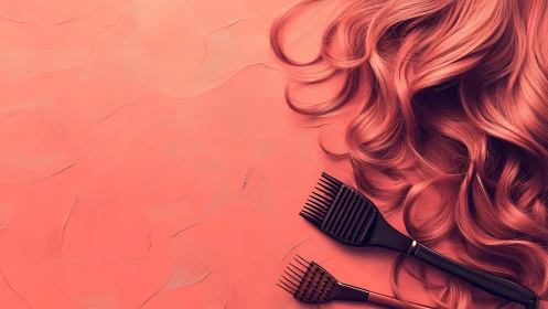 Pink wavy hair surrounds black dye brushes on textured surface
