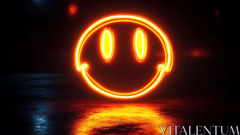 Neon smiley face outline glows on dark reflective surface