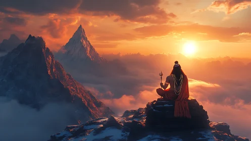 Hindu ascetic overlooking sunlit alpine peaks at golden hour