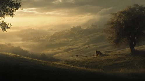 Sunlit mist rolls over pastoral hills toward distant castle.