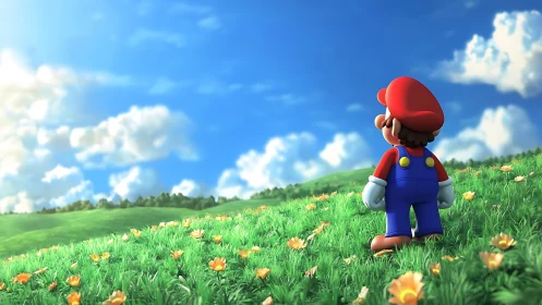 Plucky red-capped wanderer gazes over emerald dream hills.