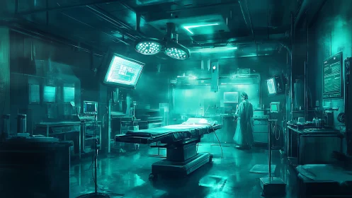 Futuristic surgical operating room with illuminated medical tech.