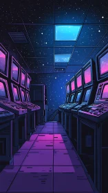 Retro control room corridor under starry ceiling glow.