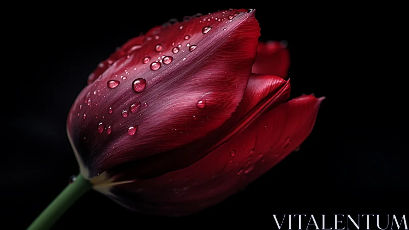 Crimson Tulip Bud with Water Droplets Against Dark Background