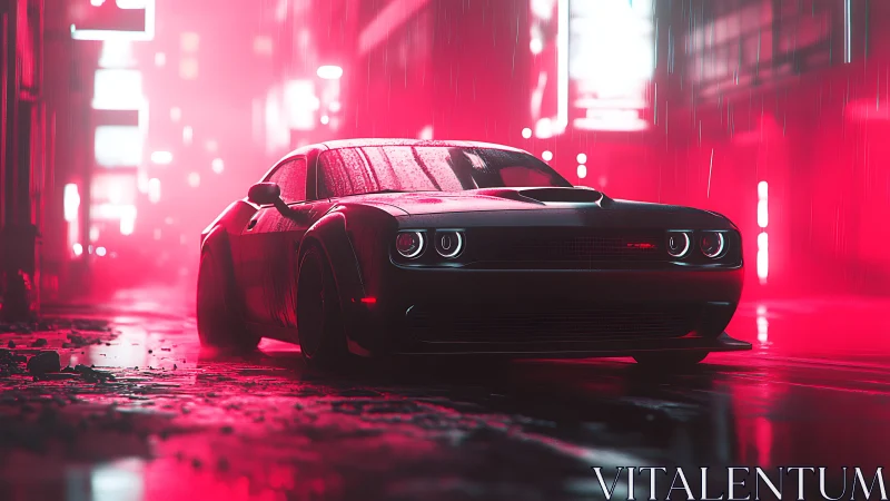 Neon sports car cuts through cyberpunk rain-soaked street.