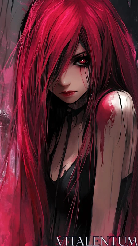 Crimson-haired rebel wrapped in stormy, electric mood.