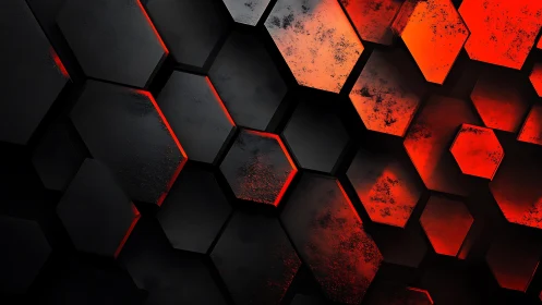 Dark Hexagonal Pattern with Red Neon Highlights, Grunge Style.