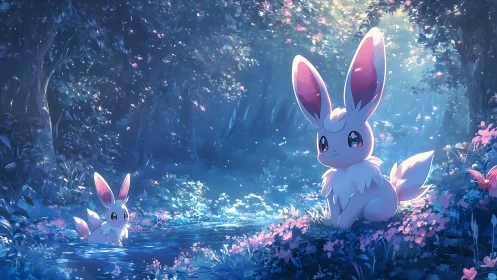 Gentle bunny friends share a moonlit moment in a glowing forest
