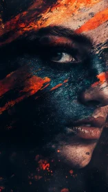 Warpainted gaze emerges through blazing abstract strokes.