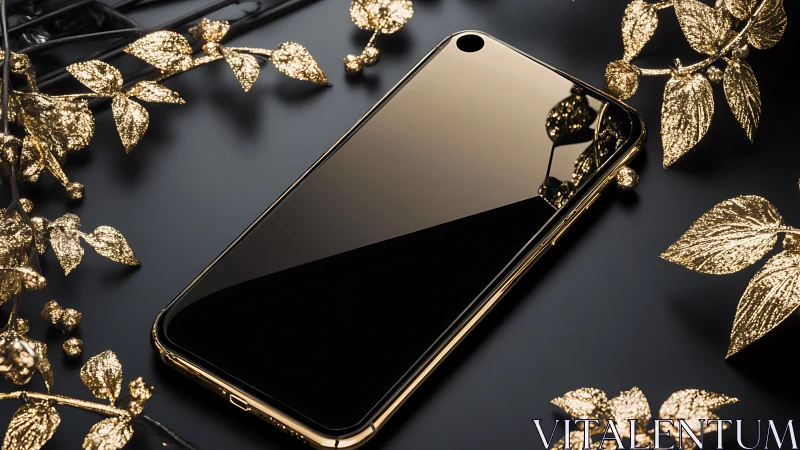 Luxury black smartphone with gold trim and metallic leaves.