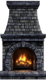 Dark stone fireplace with active fire and burning logs inside