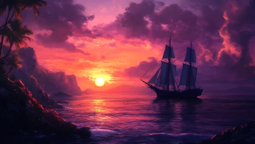 Sunset tall ship silhouette on vivid tropical horizon seascape.