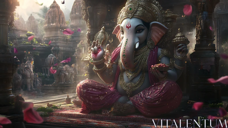 Ganesha idol in ornate temple courtyard rendered as digital painting