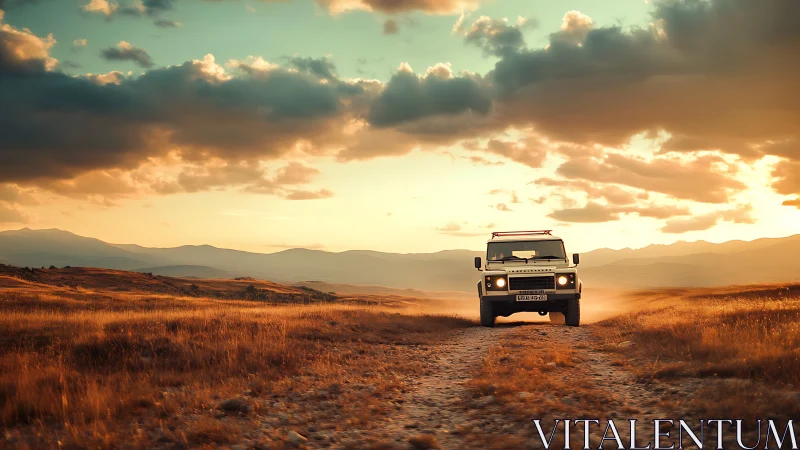 Off-road vehicle on rural dirt track at sunset landscape.