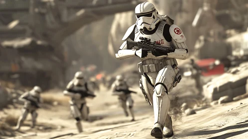 Armored sci fi soldiers advance through desert battlefield.