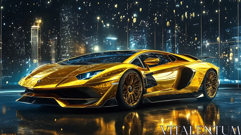 Golden hypercar poised before neon city skyline at night.