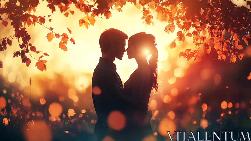 Silhouetted Couple Kissing Beneath Autumn Foliage at Sunset.