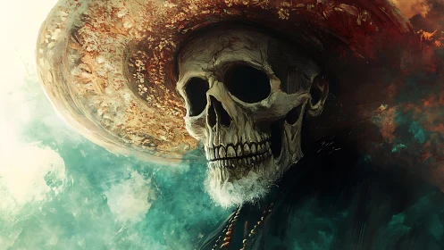 Skeletal figure in sombrero rendered as moody digital painting