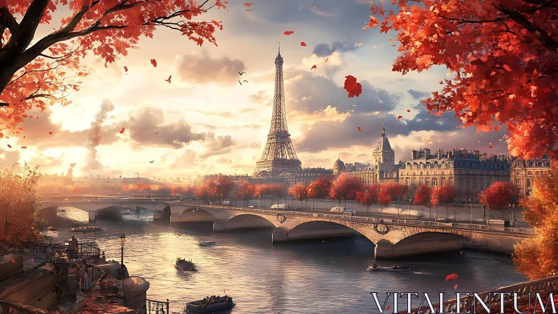 Eiffel Tower overlooks Seine River under warm autumn sunset