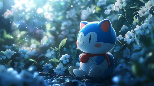 Gentle blue forest friend resting in a moonlit flower glade.