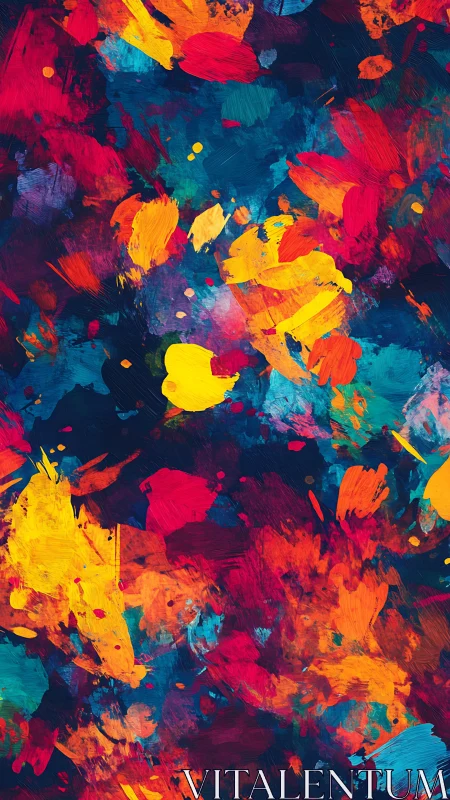 Vivid abstract paint splashes on deep blue canvas background.