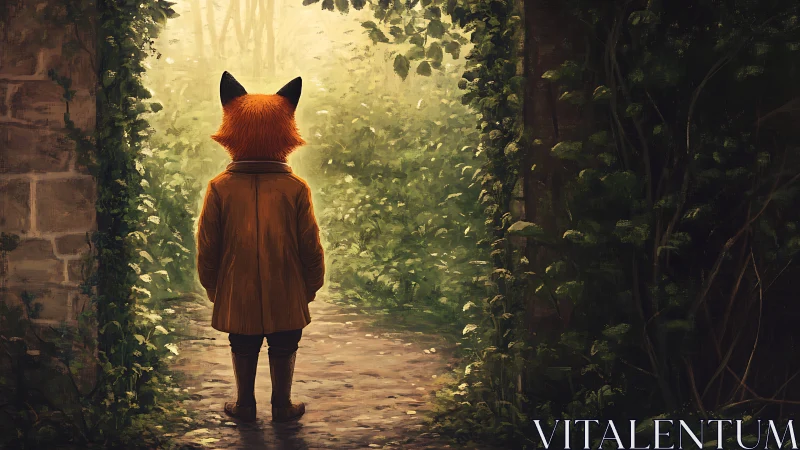 Anthropomorphic fox figure stands in overgrown garden path
