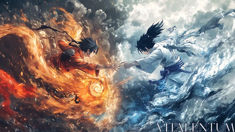 Duel of elemental warriors in swirling fire and water.