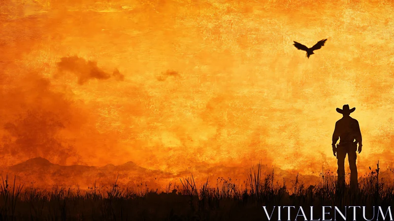 Lone cowboy silhouette watches a soaring bird at sunset