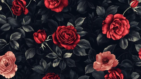 Red roses and pink peonies on dark botanical background pattern.