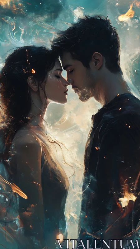 Two figures in ethereal close moment with golden light.