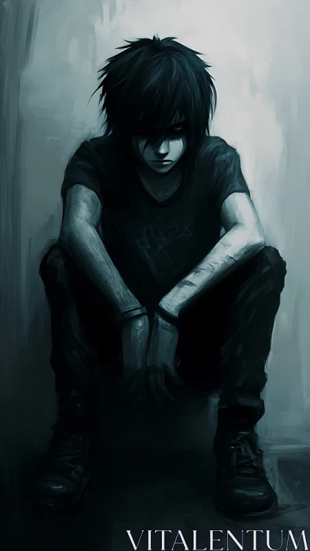 Brooding shadowed teen sunk in a monochrome concrete corner.