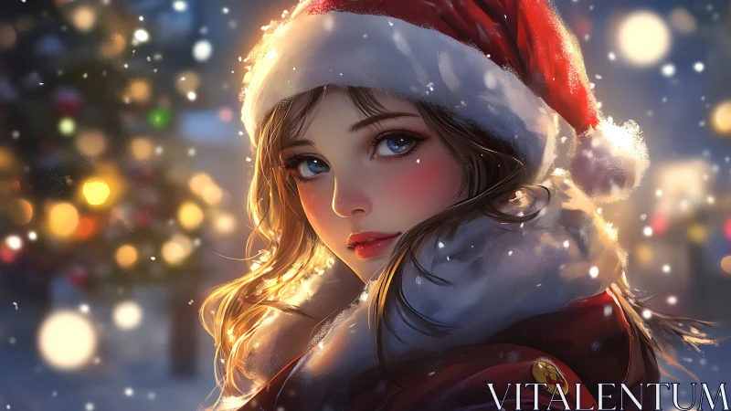 Winter portrait of girl in red Santa hat at night.
