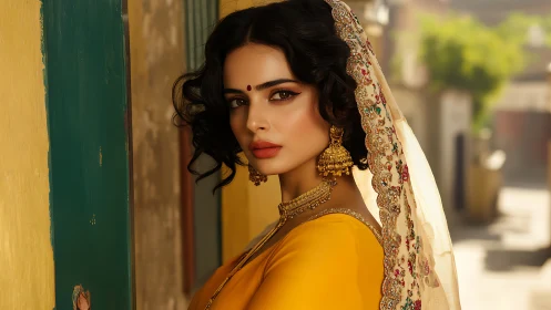 Woman in yellow saree with embroidered dupatta outdoors.