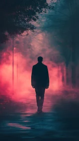 Solitary silhouette walks through neon fog on wet path