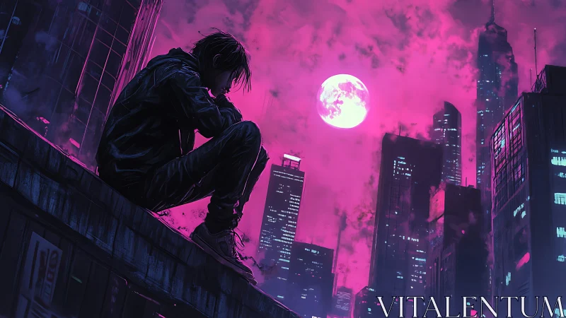 Solitary figure overlooks neon city under saturated moon.