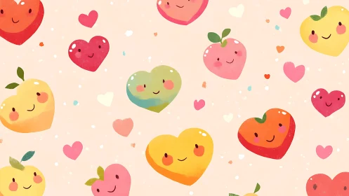 Cute smiling heart fruit pattern on pastel peach background.