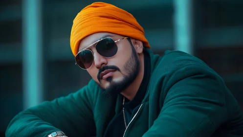 Stylish man in orange turban and sunglasses outdoors.