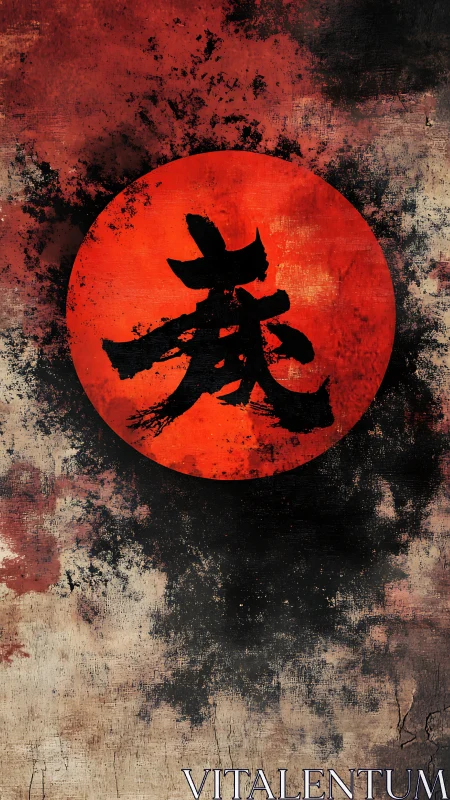 Crimson sun sigil with bold kanji carved in smoke and grit.
