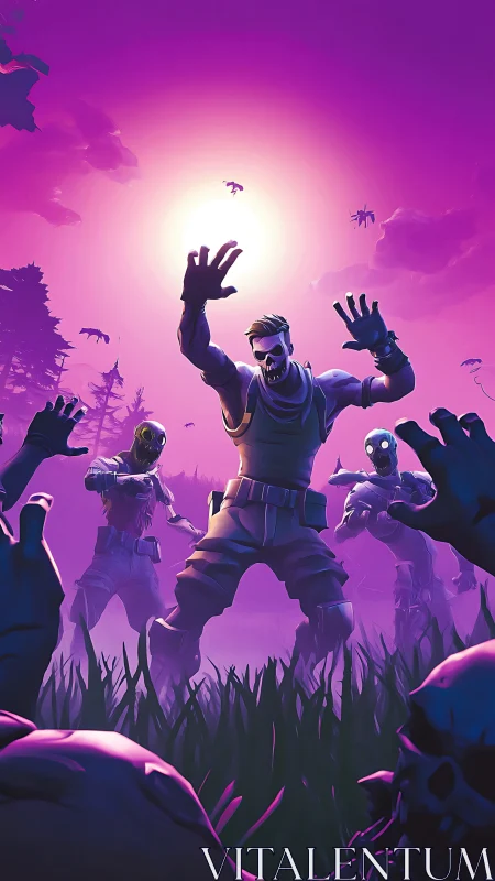 Neon undead soldiers charge under toxic violet sunset