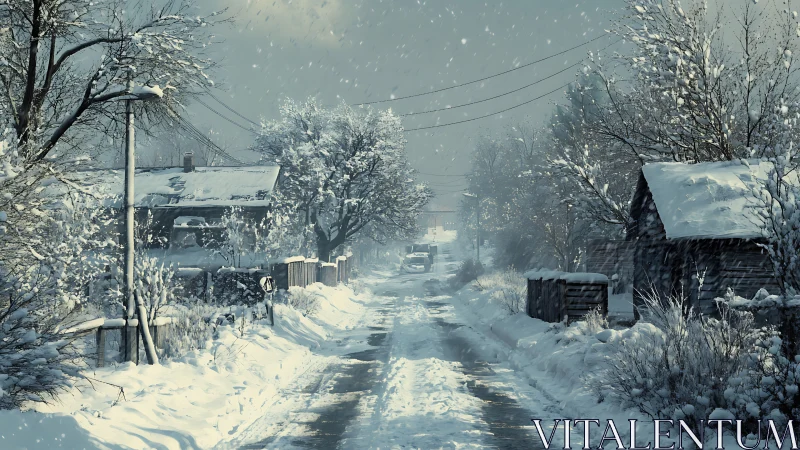 Snow covered rural road with houses and falling snow.