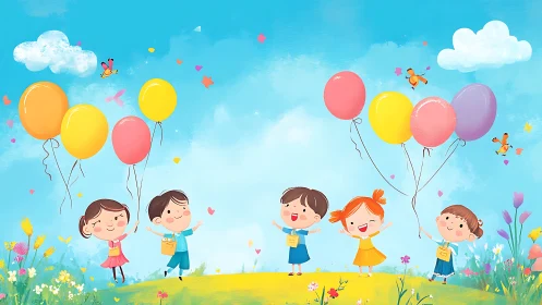Children Celebrating Outdoors with Colorful Balloons