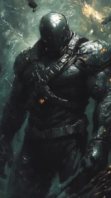 Armored night colossus strides through stormlit wreckage.