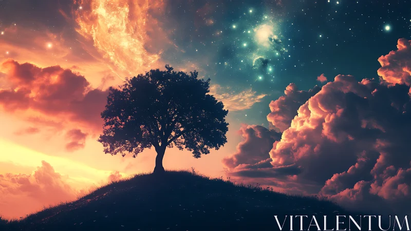 Solitary hilltop tree under bifurcated nebular twilight sky