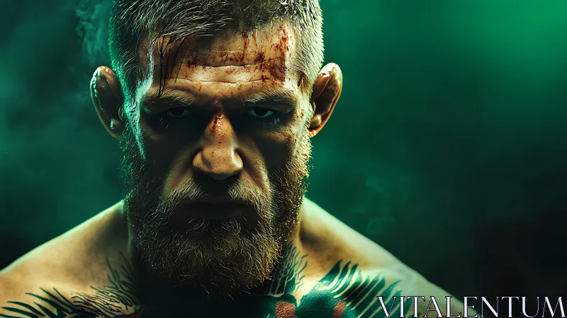 Battle-worn fighter framed in dramatic green light.