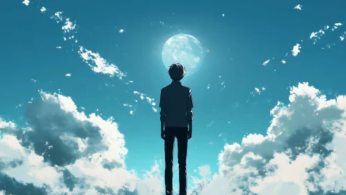 Solitary boy studies luminous moon above drifting clouds.